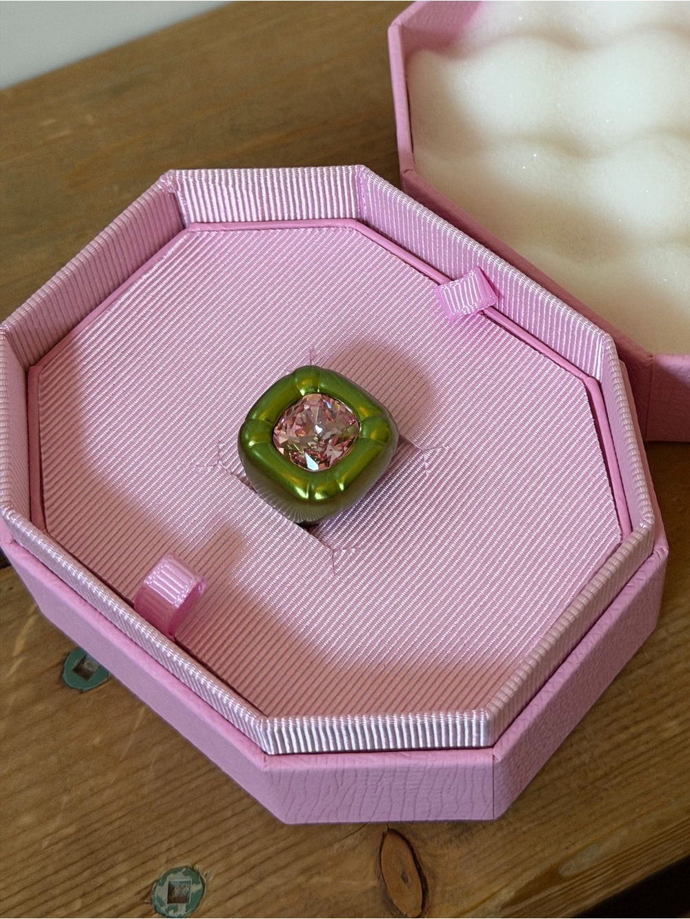 Swarovski Dulcis Cushion Cut Green Pink Crystal Cocktail Ring Sz 50